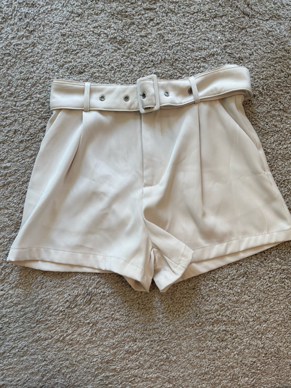 Cream High-Rise Belted Shorts